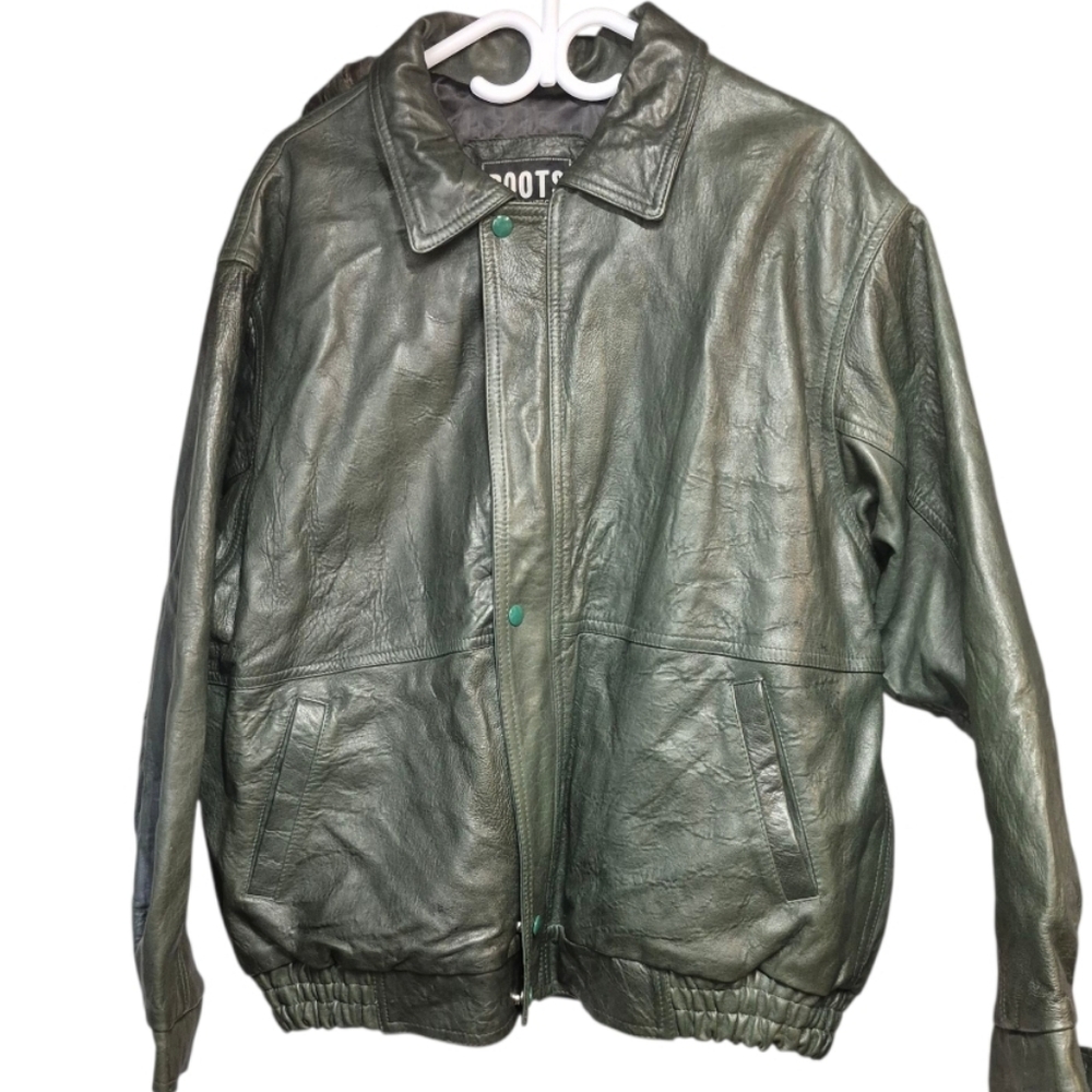 Vintage Roots Leather Bomber Jacket Men's Large Green